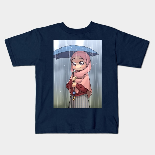 Hijab Girl under the rain Kids T-Shirt by 	 FatharaniYasmin